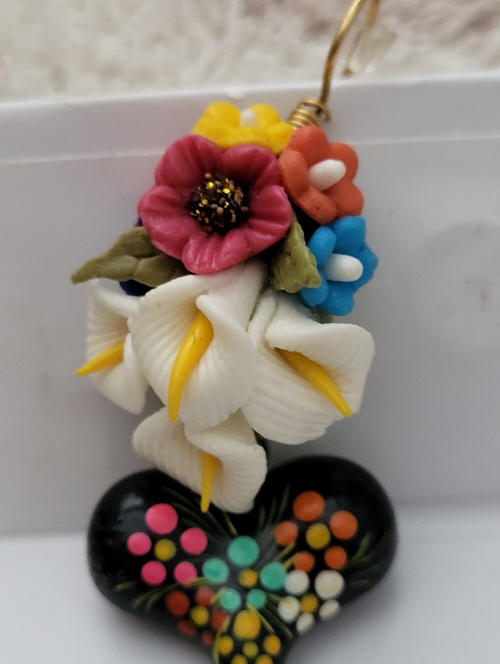 Mexican Handcrafted Polymer Clay Floral Heart Drop Earrings - Picture 3 of 6